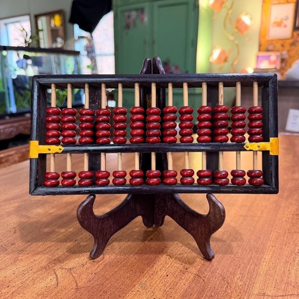 Vintage Chinese Wooden Abacus 13 Column Suanpan Red Beads Black Frame 10.5in - Picture 2 of 12